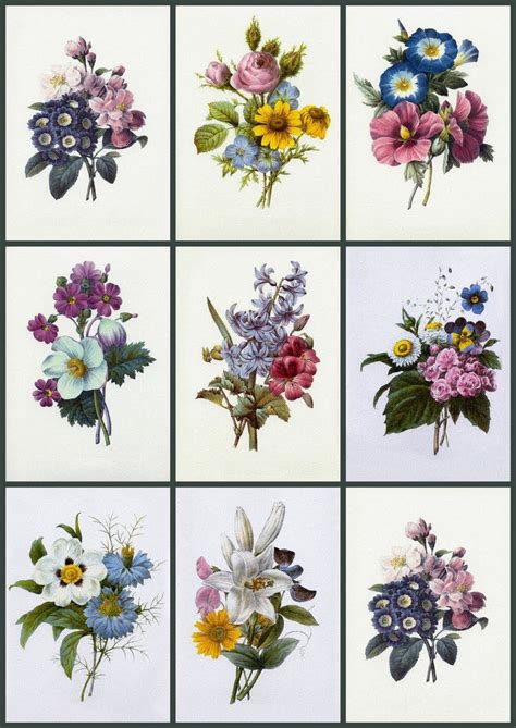 Vintage Flower Prints On Digital Collage Sheets Винтажные цветочные