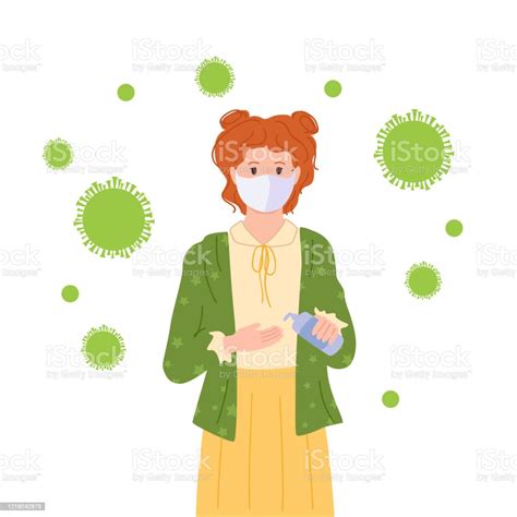 Young Masked Girl Antiseptic Stop Pandemic Vector Stock Illustration