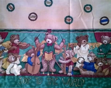 Christmas Border Print Fabric 4 Yards Teddy Bear Angels Band Joy To