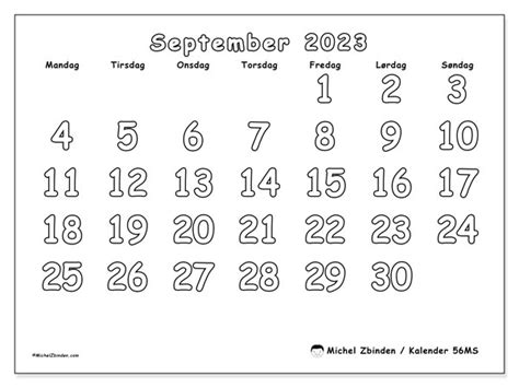 Kalender September 2023 Til Print “danmark” Michel Zbinden Da