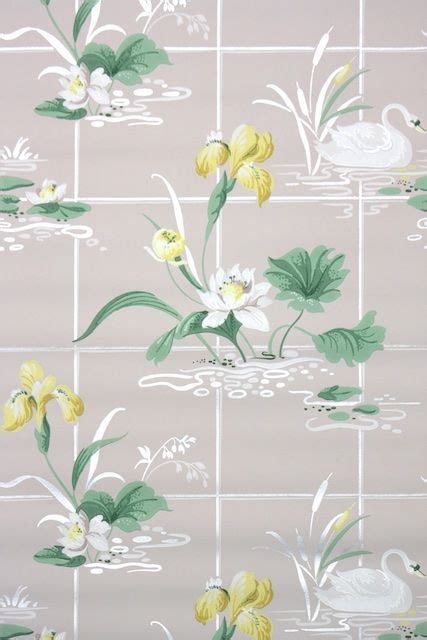 Vintage Bathroom Wallpaper With Swans And Yellow Flowers Vintage