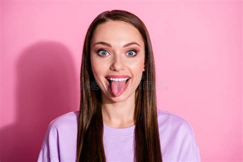 Closeup Photo Of Attractive Funky Carefree Lady Sticking Tongue Out