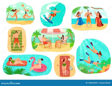 Beach People Vector Illustration Set Cartoon Flat Active Happy Man