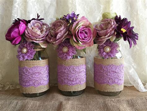 Lavender Rustic Burlap And Lace Covered 3 Mason Jar Vases Wedding
