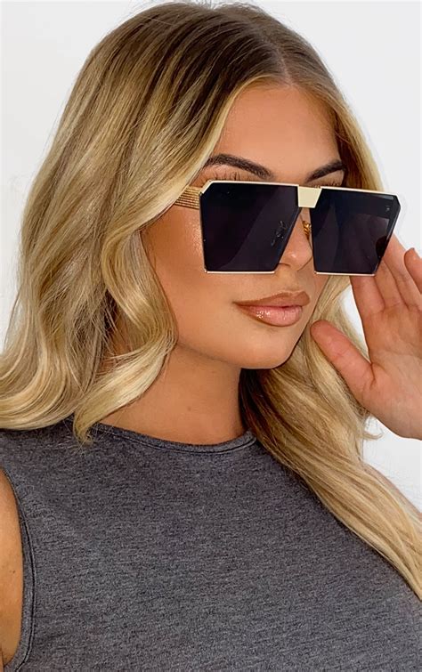 Gold Frame Black Lens Square Sunglasses Prettylittlething Usa