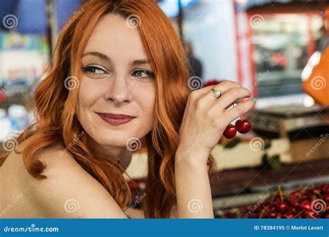 Redhead Girl Holding A Cherry Stock Image Image Of Smiling Holding