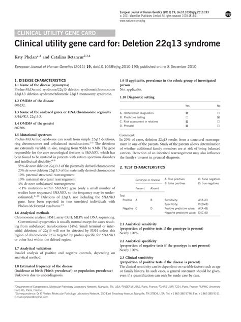 Pdf Clinical Utility Gene Card For Deletion 22q13 Syndrome