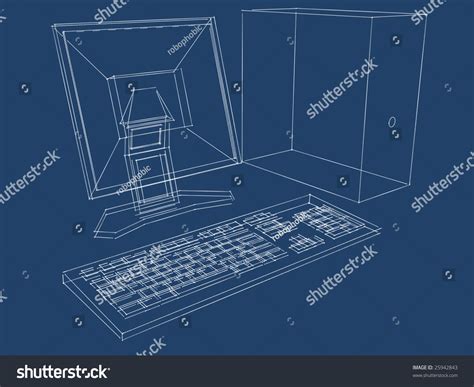 Blueprint Computer Lcd Monitor Keyboard Three Stock Illustration