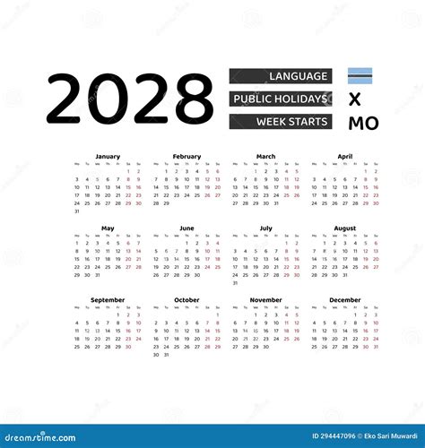 Calendar 2028 English Language With Botswana Public Holidays Stock
