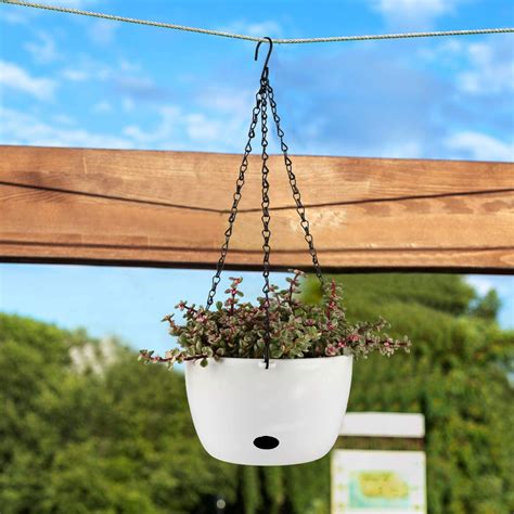 T4u Self Watering Hanging Planter Pot With Watering Hole 20cm White Set