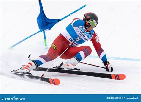 Mountain Skier Skiing Down Mount Slope Russian Alpine Skiing