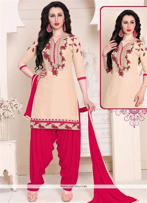 Cream And Hot Pink Punjabi Suit Patiala Suit Clothes For Women Embroidered Dress