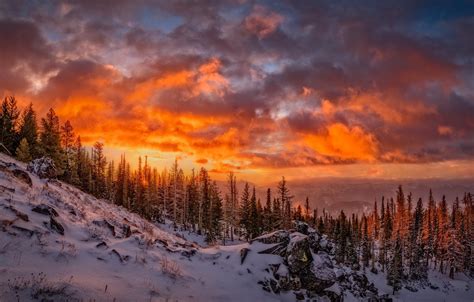 Обои Twilight Sunset Winter Mountains Clouds Snow Slope Dusk
