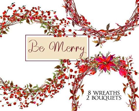 Christmas Wreaths Clipart Watercolor Poinsettia Berries Digital Floral