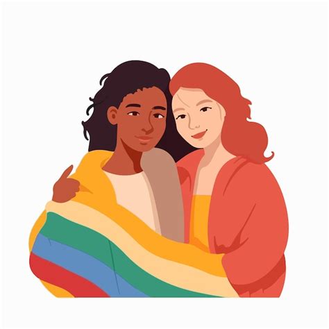 um retrato de um casal de lésbicas com uma bandeira de arco íris o conceito de lgbtq ilustração