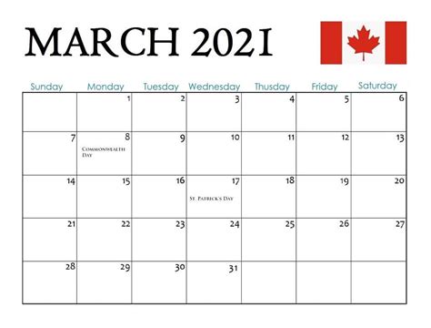 Canada March 2021 Holidays Calendar 2021 Calendar Holiday Calendar