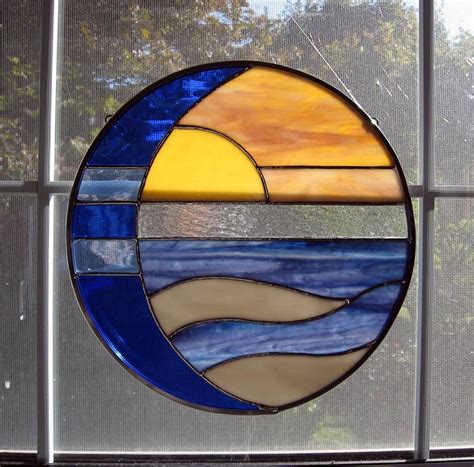 Moon And Sun Over Water Round Stained Glass Panel Suncatcher Etsy
