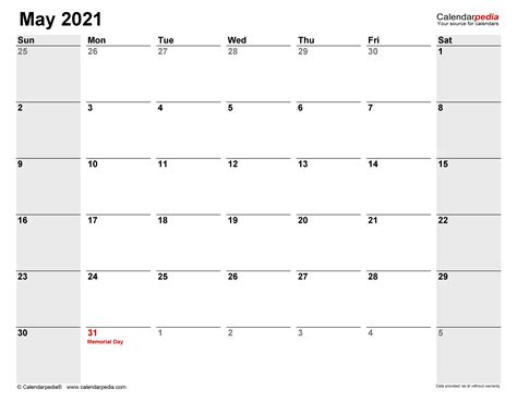 May 2021 Calendar Templates For Word Excel And Pdf