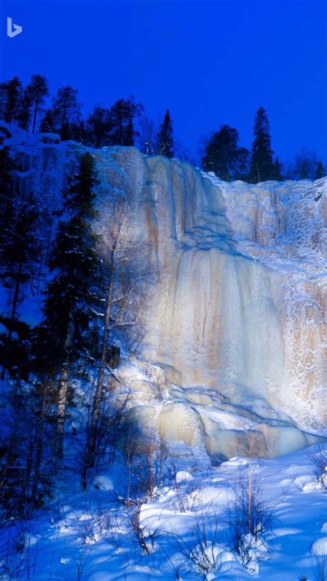 A Frozen In The Korouma Gorge Finland Bing Wallpaper December 6 2016 Waterfall Places