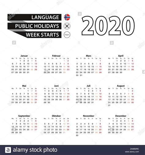 Calendar 2020 In Norwegian Language Week Starts On Monday Vector