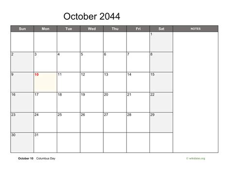 October 2044 Calendar With Notes