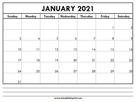 January 2021 Blank Calendar Template To Print 2021 Calendar A4
