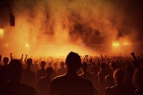 Silhouettes Of People In Front Of Concert Stage Crowd Of Fans Enjoying