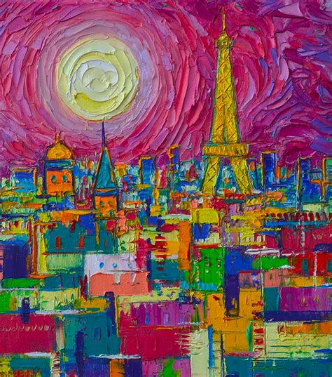 Abstract Paris Colorful Night By Full Moon Textural Impressionist Knife