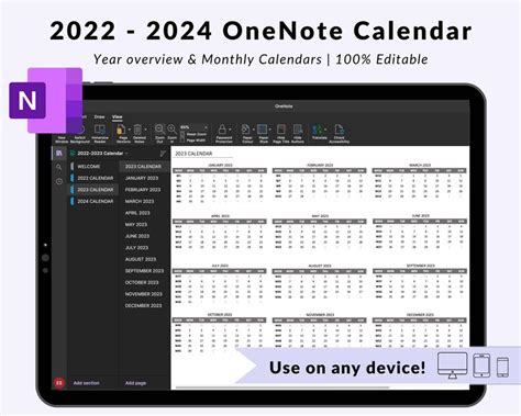 2022 2024 Onenote Calendar Editable Template Onenote Etsy