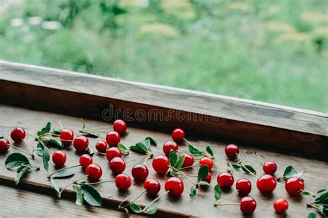 Ripe Cherries On Wooden Windowsill Cottagecore Aesthetics Rustic