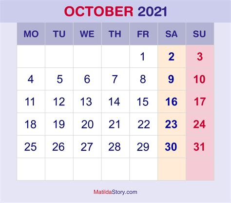 October 2021 Calendar Png Png Image Collection