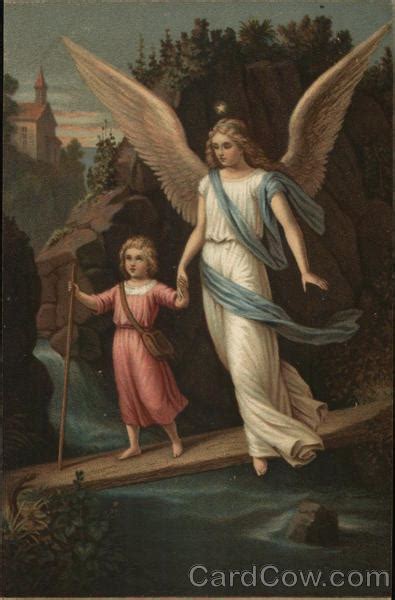 Angel Holding Hand Of Child Walking On Rock Above Water Angels