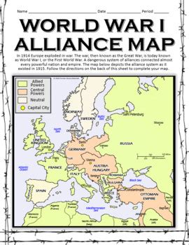 World War I Alliances Map Great War Wwi Countries Capitals Tpt