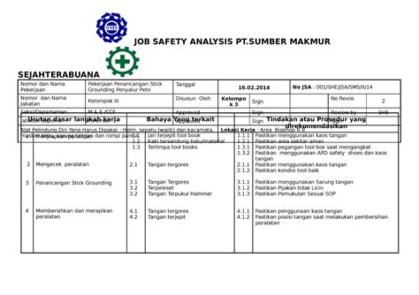 Job Safety Analysist Job Safety Analysis Pt Makmur Sejahterabuana