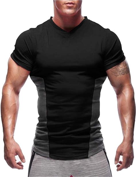 Men S Gym Shirts Workout Muscle Tee Short Sleeve Training Sports Exercise T Shirts Black