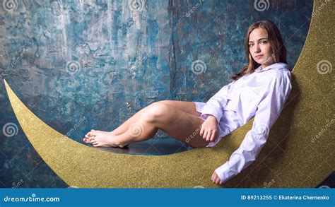 Girl Sitting On The Moon Stock Image Image Of Moon Background 89213255