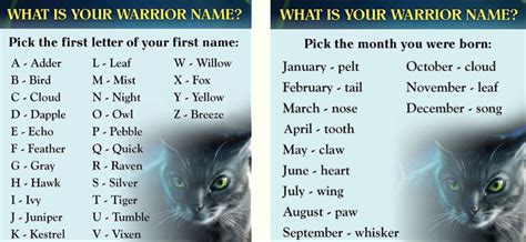 𝖂𝖆𝖗𝖗𝖎𝖔𝖗𝖘 𝖶𝗁𝖺𝗍 𝗌 𝗒𝗈𝗎𝗋 𝗇𝖺𝗆𝖾 Warrior cats Warrior names Warrior cats name generator