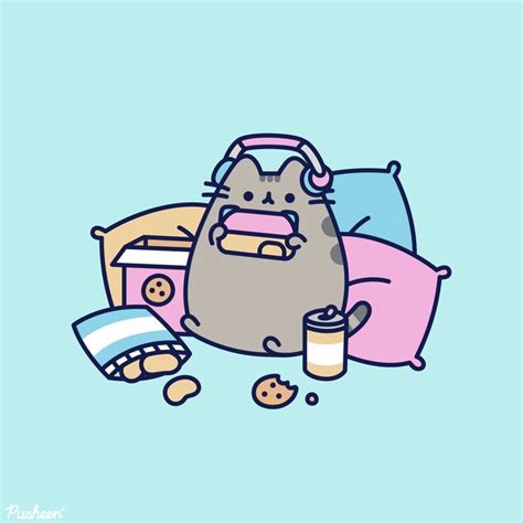 Pusheen Is Shown With A Handheld Gaming Console And Headphones Resting