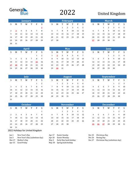 2022 United Kingdom Calendar With Holidays