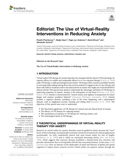 Pdf Editorial The Use Of Virtual Reality Interventions In Reducing