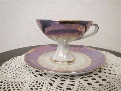 Enesco Tea Cup And Saucer Footed Cup Iridescent Made In Etsy Tea Cups Cup And Saucer Saucer