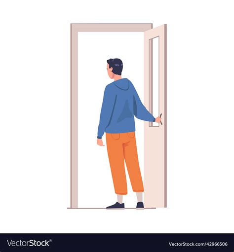 Man Character At Open Door Leaving Home Going Out Vector Image