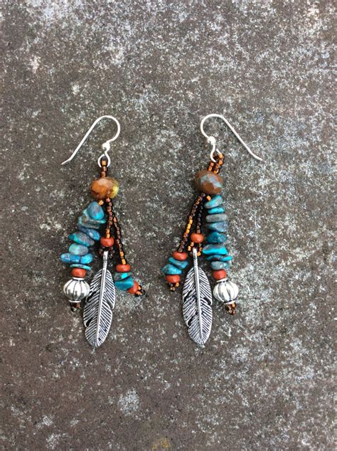 Southwest Earrings Turquoise Nuggets Feather Dangles Etsy Native