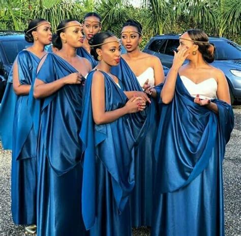 Bridesmaids In Blue Satin Rwandan Umushanana Traditional Attire Wi