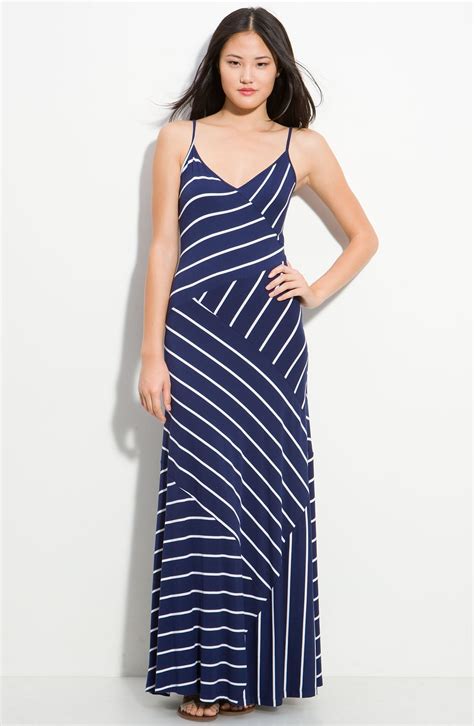 Calvin Klein Asymmetrical Stripe Maxi Dress In Blue Navy White Lyst
