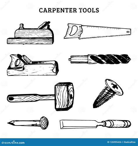 Vector Drawing Of Carpentry Tools Illustration Of Wood Works Equipment