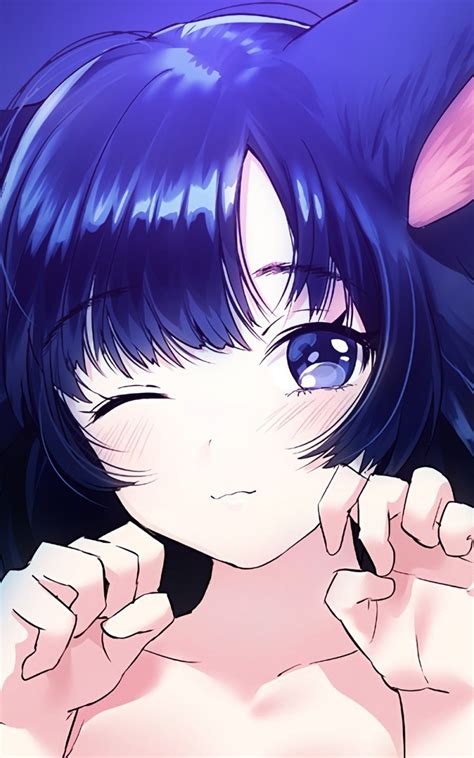 Download 800x1280 Anime Girl Cat Ears Neko Wink Blue