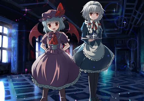 2girls blue hair bow braids dress gray hair hat headdress izayoi sakuya maid pantyhose red eyes