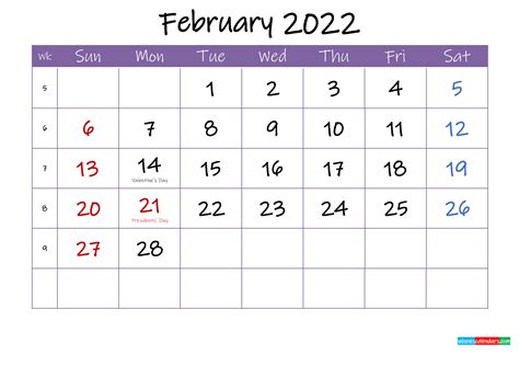 Feb 2022 Calendar Printable Printable Calendar 2021