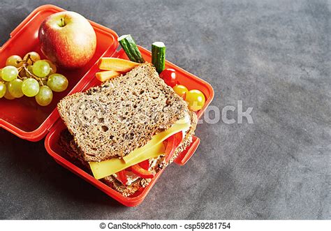 School Lunch Box With Fruit Veggies And Sandwich School Lunch Box With Fresh Healthy Fruit
